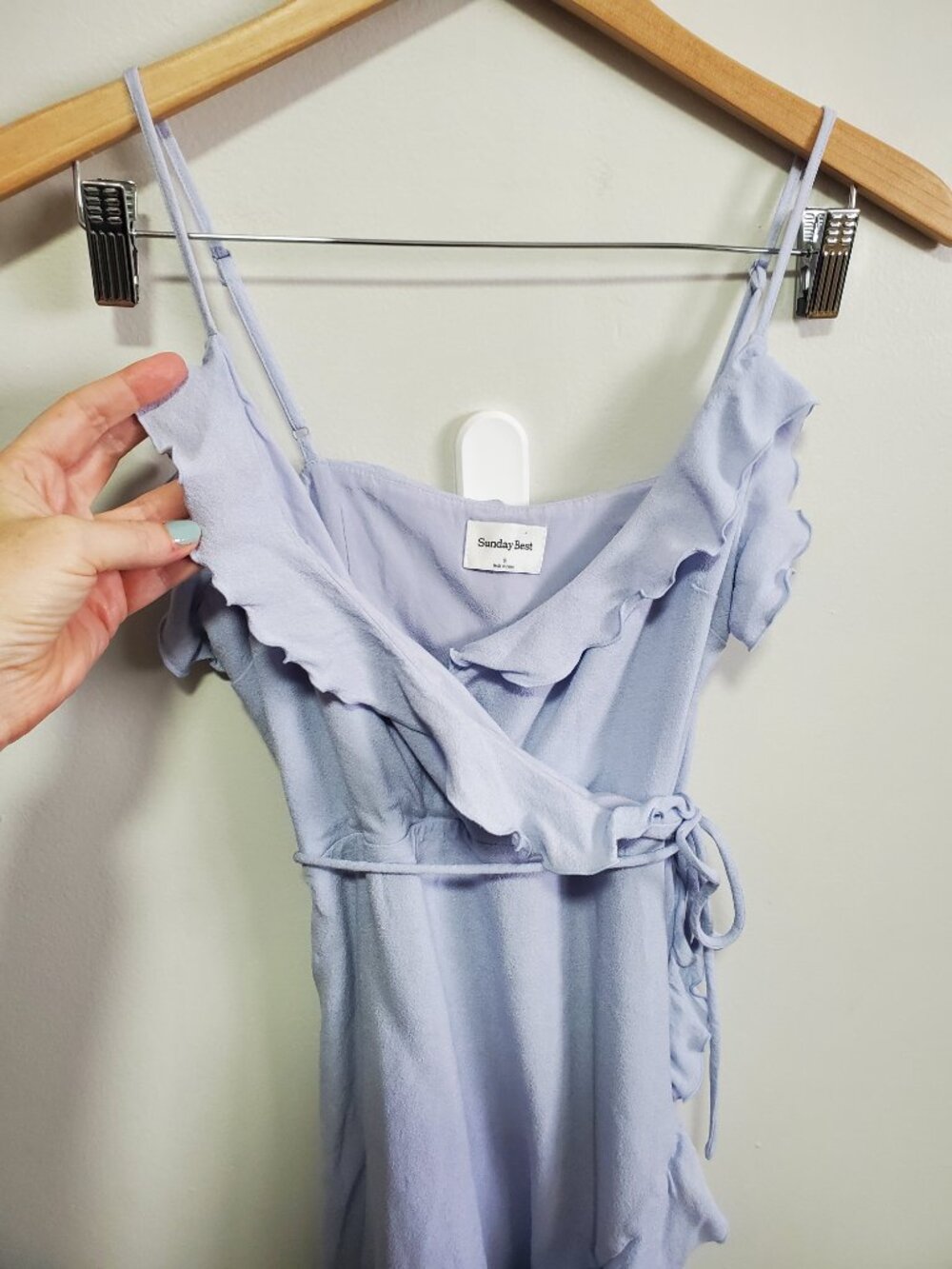 SUNDAY BEST Countess Dress Ruffle Faux Wrap Aritzia Light Blue Women's Small - Picture 3 of 15